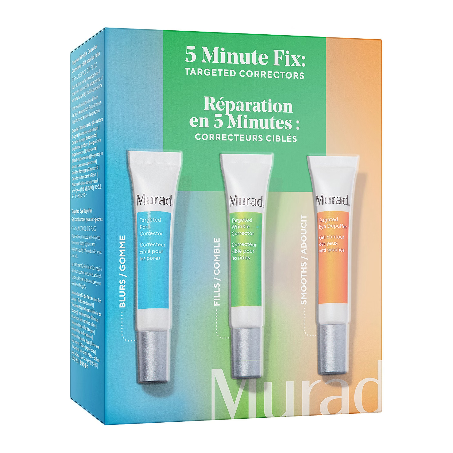 The Murad 5 Minute Targeted Correctors Set includes three tubes: Targeted Pore Corrector (blurs), Targeted Wrinkle Corrector (fills), and Targeted Eye Depuffer (smooths).