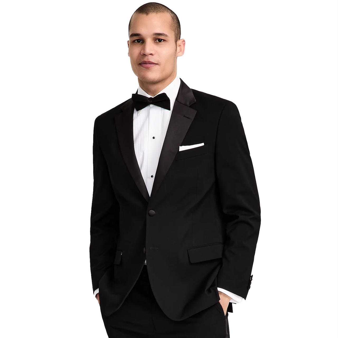 Nautica 2pc Tuxedo Suit in classic black with a notch lapel, accompanied by a white dress shirt, black bow tie, and white pocket square, featuring a sleek, formal design.