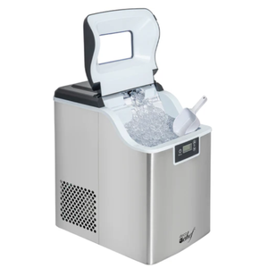 A stainless steel ice maker with a top loading design, transparent lid, and a side-mounted scoop holder, capable of producing 44 pounds of nugget ice.