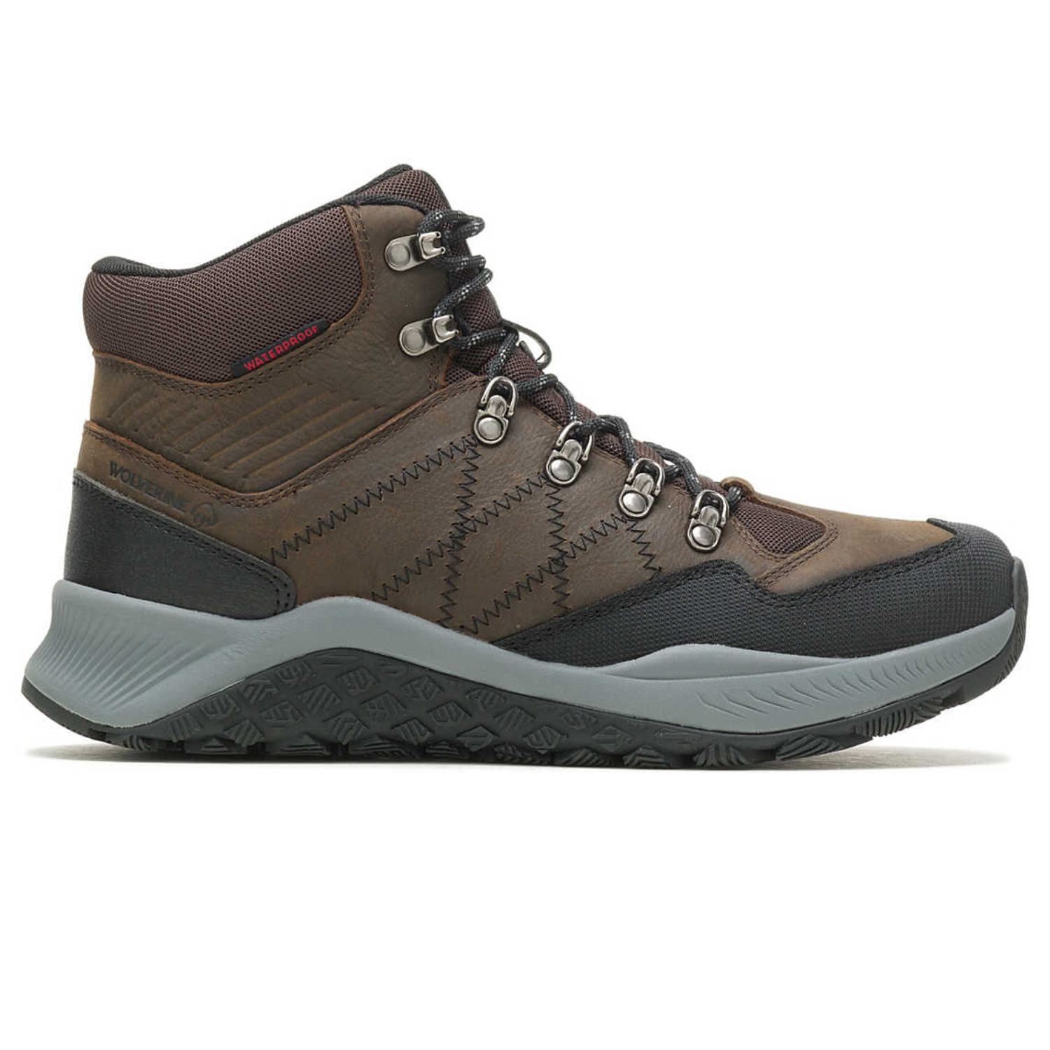 Wolverine Luton Hiking Boots are brown waterproof boots with a rugged rubber sole, metal eyelets, and a padded collar for ankle support.