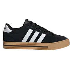 Black and white Adidas sneakers with gum soles and the iconic three stripes on the side.