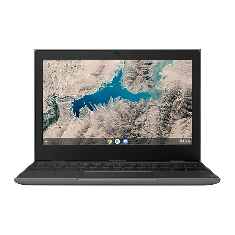 Refurbished Lenovo Chromebook with a black design, featuring a landscape screen display, a front-facing camera, and a standard keyboard. Ideal for web browsing and basic computing tasks.