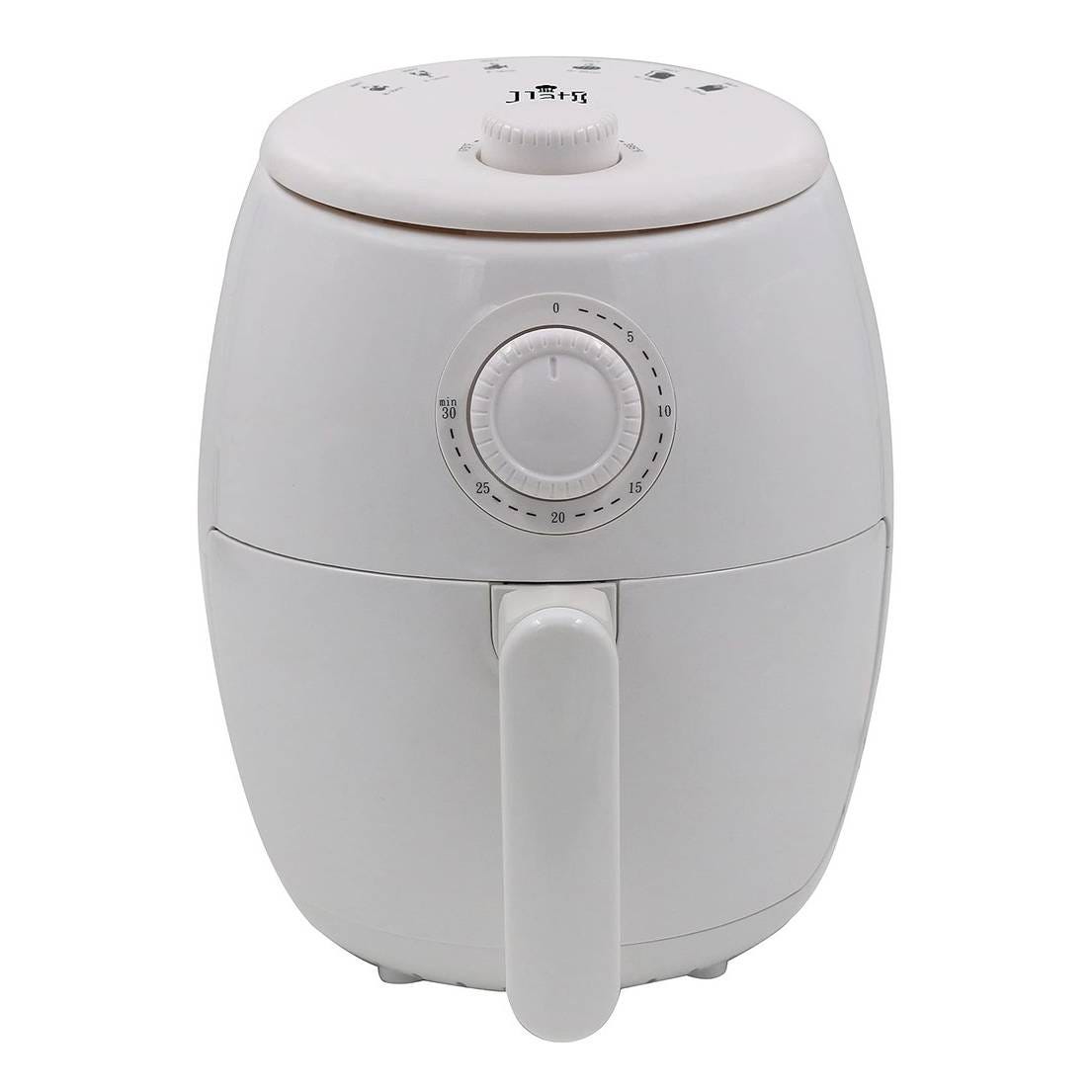 A white air fryer with a dial control on the front and top for adjustable cooking settings.