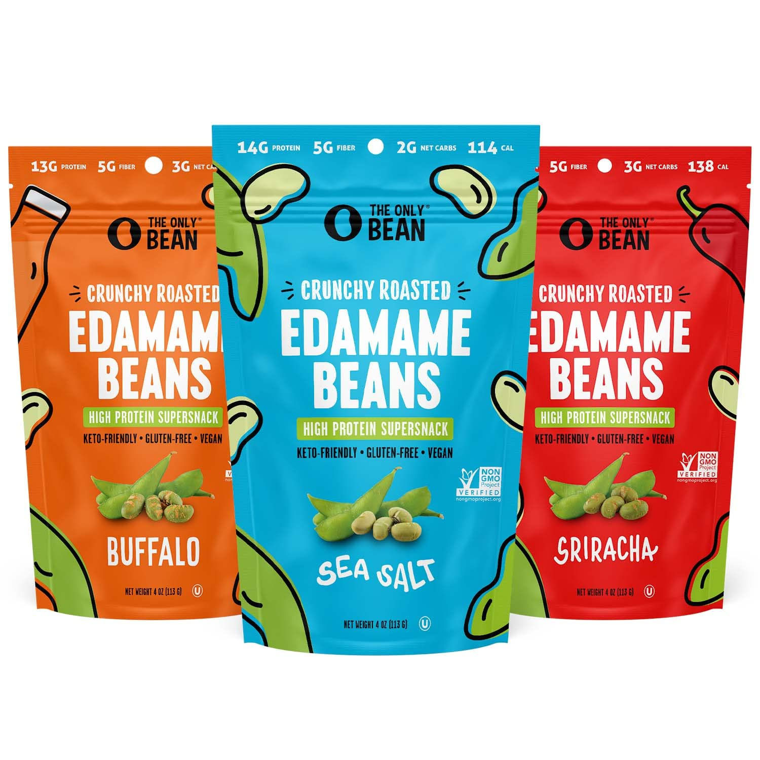 Roasted Edamame Variety Pack includes Crunchy Roasted Edamame Beans in three flavors: Buffalo, Sea Salt, and Sriracha. Each is high protein, keto-friendly, gluten-free, vegan, and non-GMO, with different protein and calorie counts per flavor.
