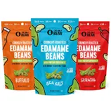 Roasted Edamame Variety Pack includes Crunchy Roasted Edamame Beans in three flavors: Buffalo, Sea Salt, and Sriracha. Each is high protein, keto-friendly, gluten-free, vegan, and non-GMO, with different protein and calorie counts per flavor.