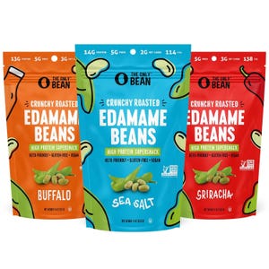 Roasted Edamame Variety Pack includes Crunchy Roasted Edamame Beans in three flavors: Buffalo, Sea Salt, and Sriracha. Each is high protein, keto-friendly, gluten-free, vegan, and non-GMO, with different protein and calorie counts per flavor.
