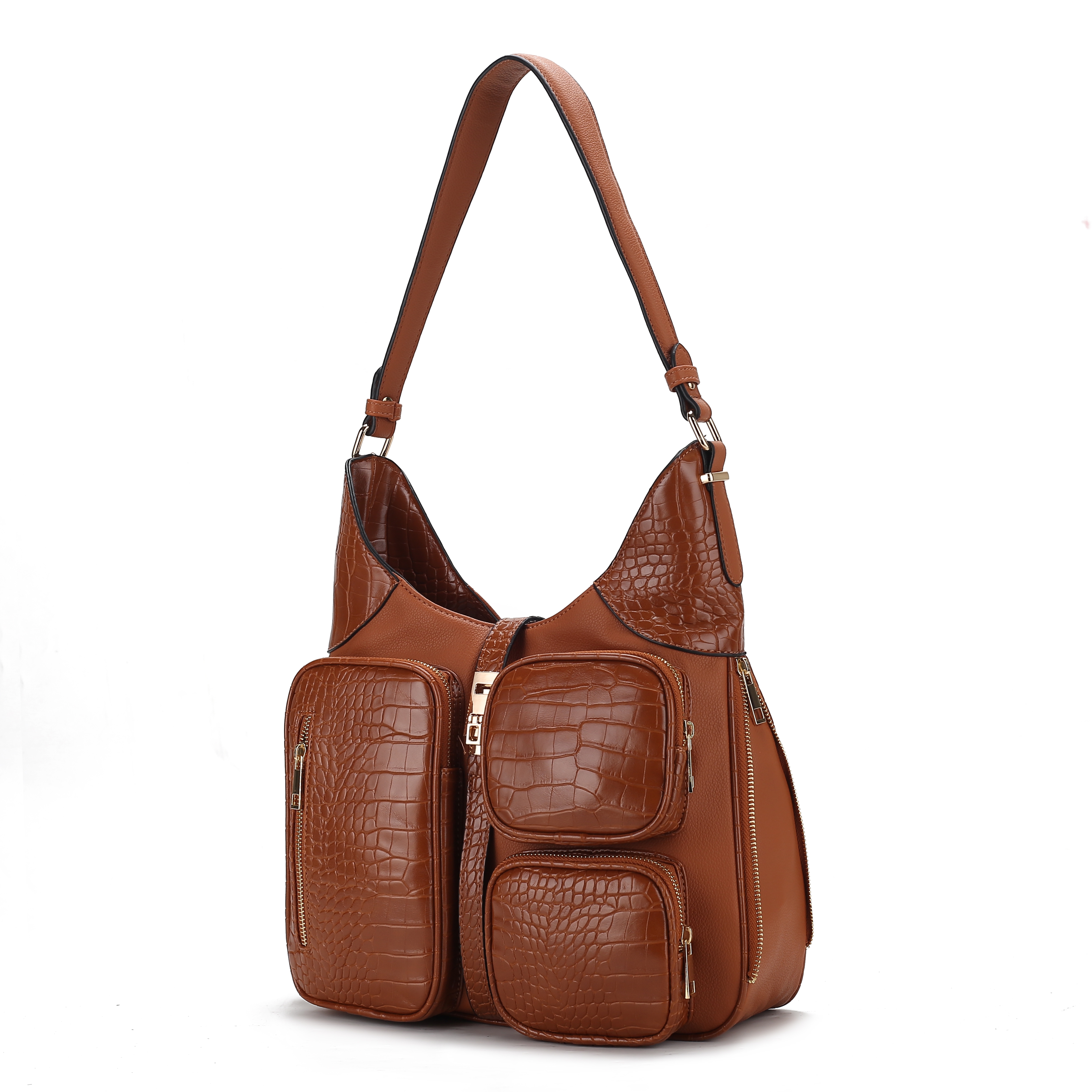 Brown shoulder bag with a crocodile-skin texture, featuring multiple zippered pockets and a wide strap.