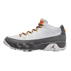The Air Jordan 9 Golf Shoes feature a white upper with grey overlays and a rugged sole for traction. They include brown laces, yellow accents, and the iconic Jumpman logo on the midsole, designed for style and performance on the golf course.