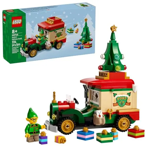 LEGO set 40468, a festive delivery truck featuring a Christmas tree, gifts, and a minifigure dressed as an elf, with 344 pieces.