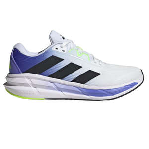 Adidas Questar 3 Running Shoes feature a white and purple color scheme with black stripes, a breathable mesh upper, and Cloudfoam cushioning for comfort and support.