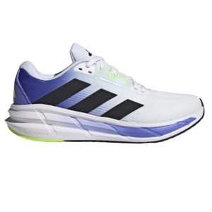 Adidas Questar 3 Running Shoes feature a white and purple color scheme with black stripes, a breathable mesh upper, and Cloudfoam cushioning for comfort and support.