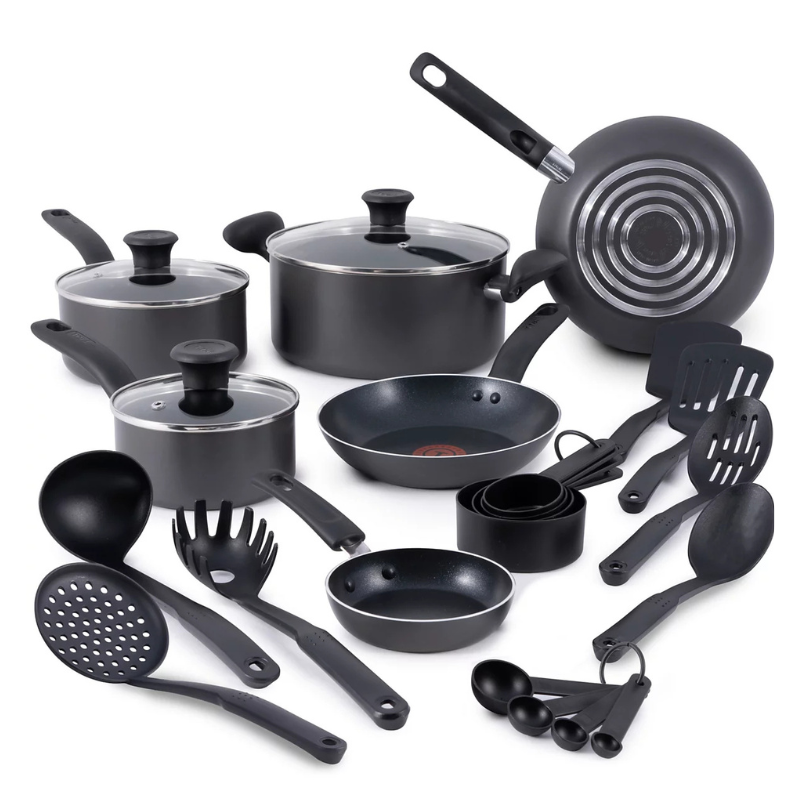 A cookware set includes multiple pots, pans, and a frying pan, accompanied by various kitchen utensils like spatulas, ladles, measuring cups, and spoons. The cookware has a non-stick surface and glass lids.