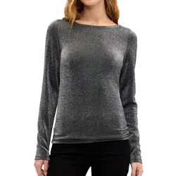 A long-sleeve, shimmery silver top paired with black pants, featuring a relaxed fit and a round neckline.