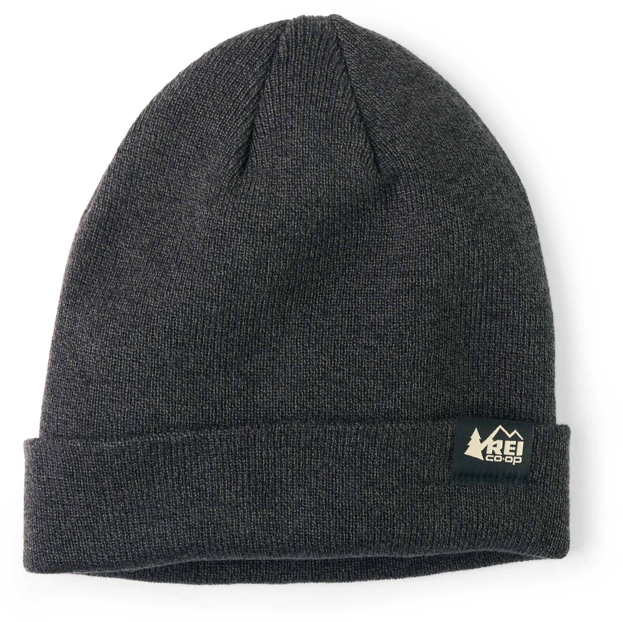 Dark gray beanie with a folded cuff featuring the REI Co-op logo, which includes a stylized tree and mountain design.