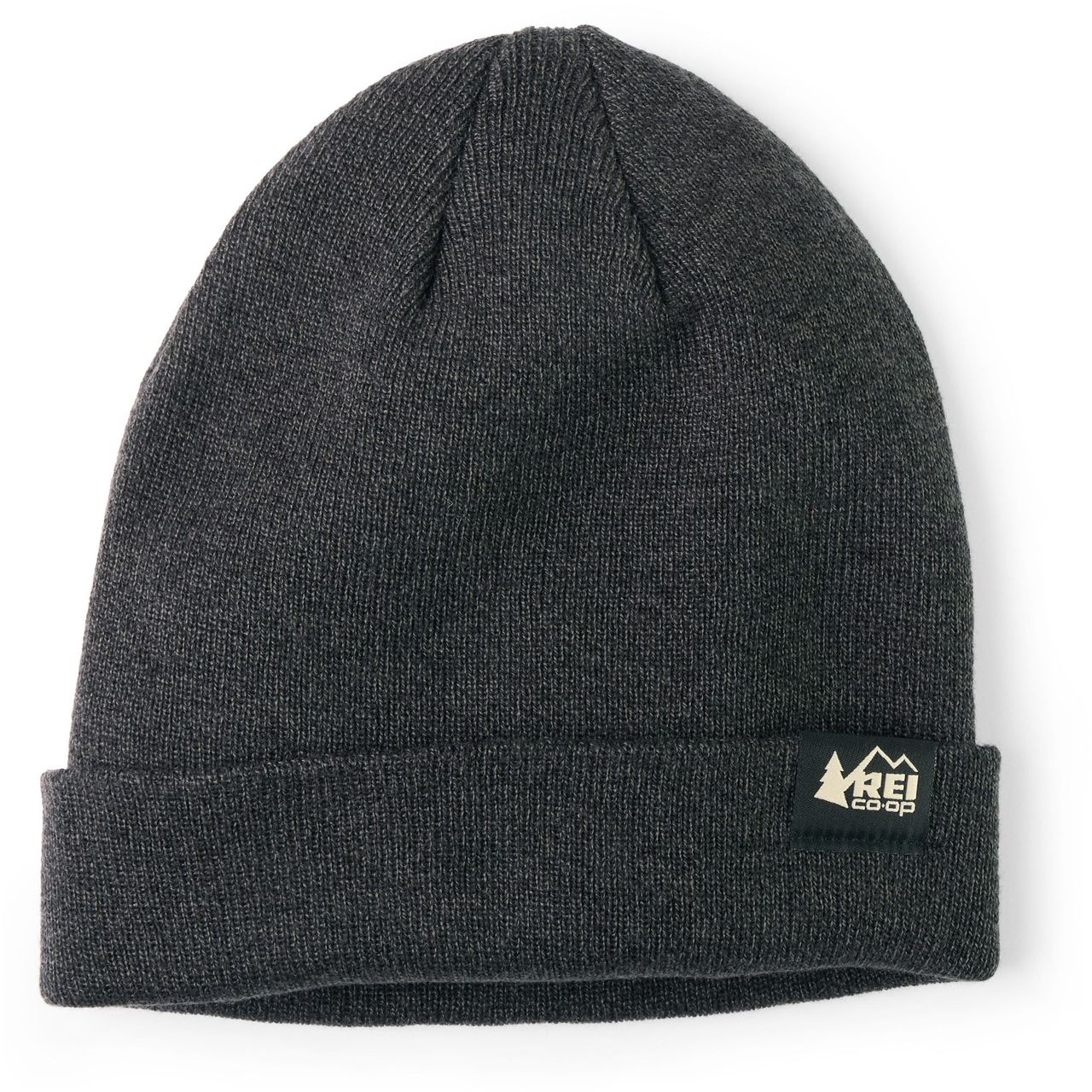Dark gray beanie with a folded cuff featuring the REI Co-op logo, which includes a stylized tree and mountain design.