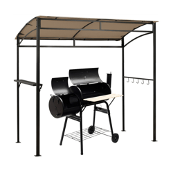 A BBQ grill is placed under a gazebo with a metal frame and beige canopy. The setup includes hooks for accessories and a side shelf for convenience.
