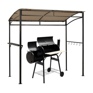 A BBQ grill is placed under a gazebo with a metal frame and beige canopy. The setup includes hooks for accessories and a side shelf for convenience.