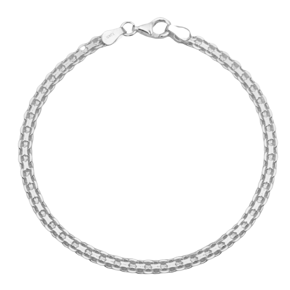 A silver chain bracelet with a lobster clasp closure and a double-link design.