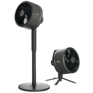 A pair of black Shark fans are shown, one as a pedestal model and the other as a compact tabletop version.