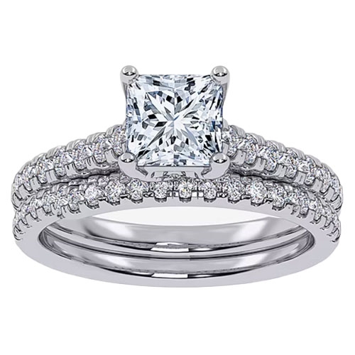 A bridal set featuring a princess-cut diamond at the center with two bands adorned with smaller round diamonds. The design showcases a total weight of 1/2 carat, mounted on a silver-colored metal, likely white gold or platinum.