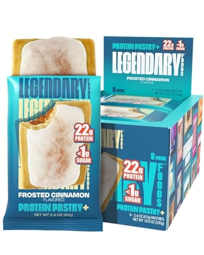 Legendary Foods Frosted Cinnamon Protein Pastry with 22g protein and less than 1g sugar per serving, available in an 8-pack.