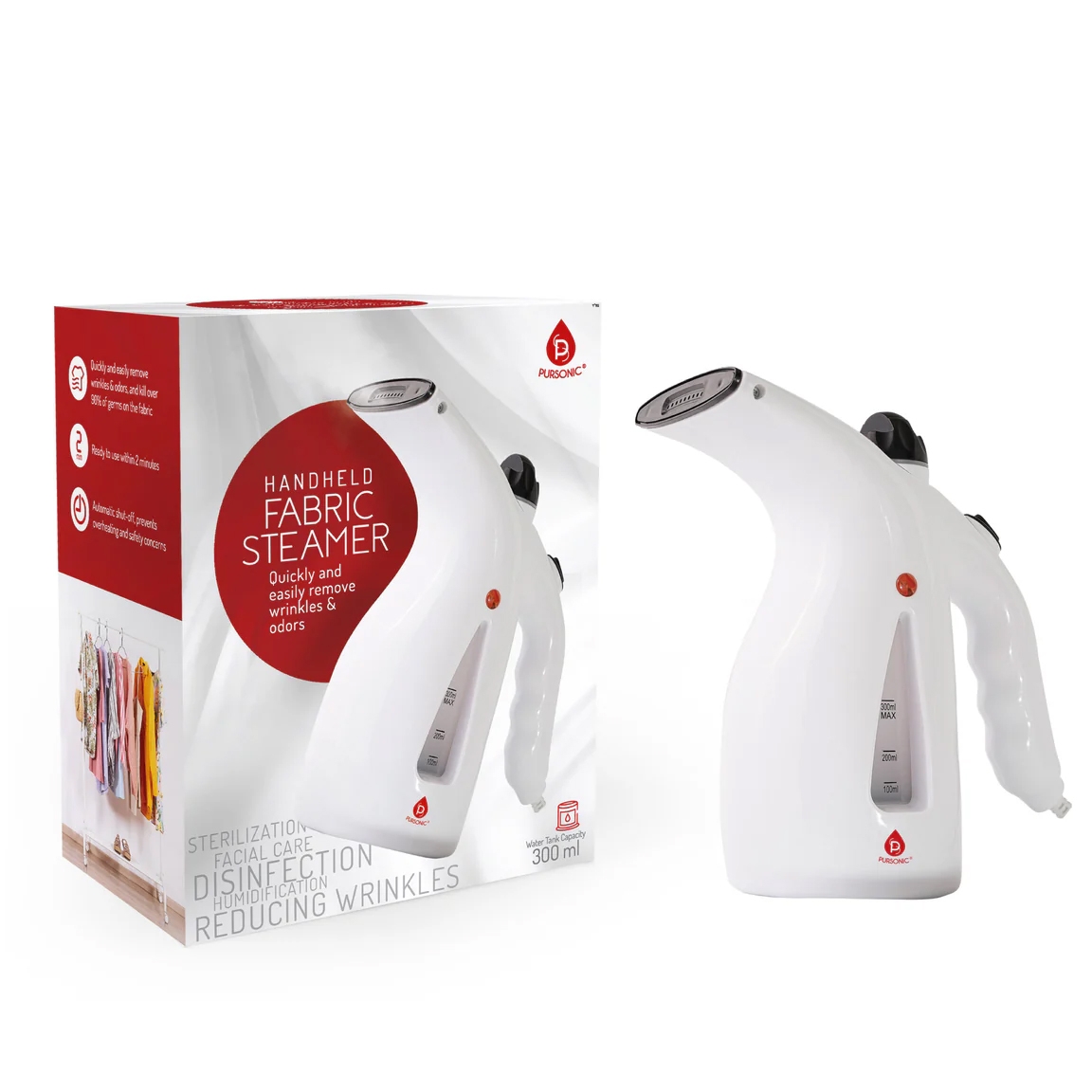 Handheld fabric steamer with a 300 ml capacity for removing wrinkles and odors, featuring quick heating and safety shut-off.