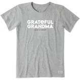 A gray T-shirt with the text \“GRATEFUL GRANDMA\“ in white and \“LIFE IS GOOD\“ in purple below it.