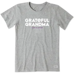 A gray T-shirt with the text \“GRATEFUL GRANDMA\“ in white and \“LIFE IS GOOD\“ in purple below it.