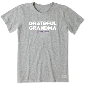 A gray T-shirt with the text \“GRATEFUL GRANDMA\“ in white and \“LIFE IS GOOD\“ in purple below it.