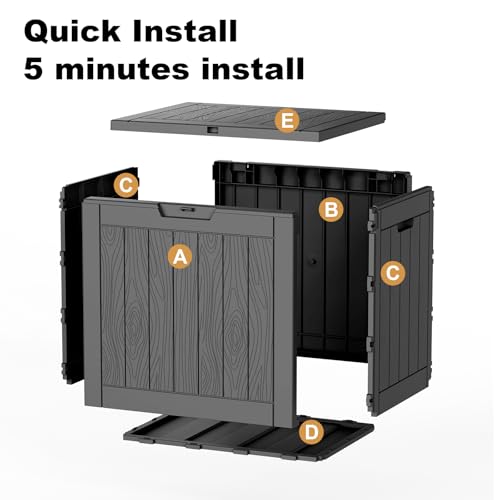 Assembly diagram for a storage box, showing labeled parts: A (front panel), B (back panel), C (side panels), D (base), E (lid), with a note indicating quick assembly in five minutes.