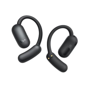 Black wireless open-ear headphones with a sleek, curved design and visible charging contacts.