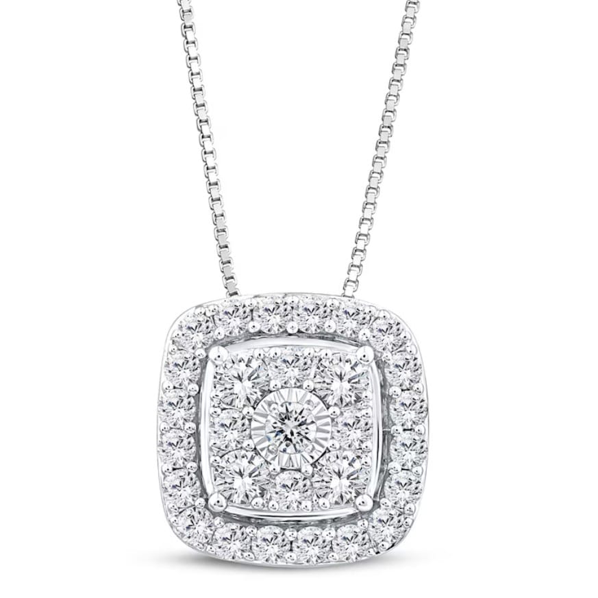 A necklace featuring a square pendant adorned with multiple small diamonds surrounding a central diamond, set in a halo design. The chain is delicate and likely made of a matching metal.