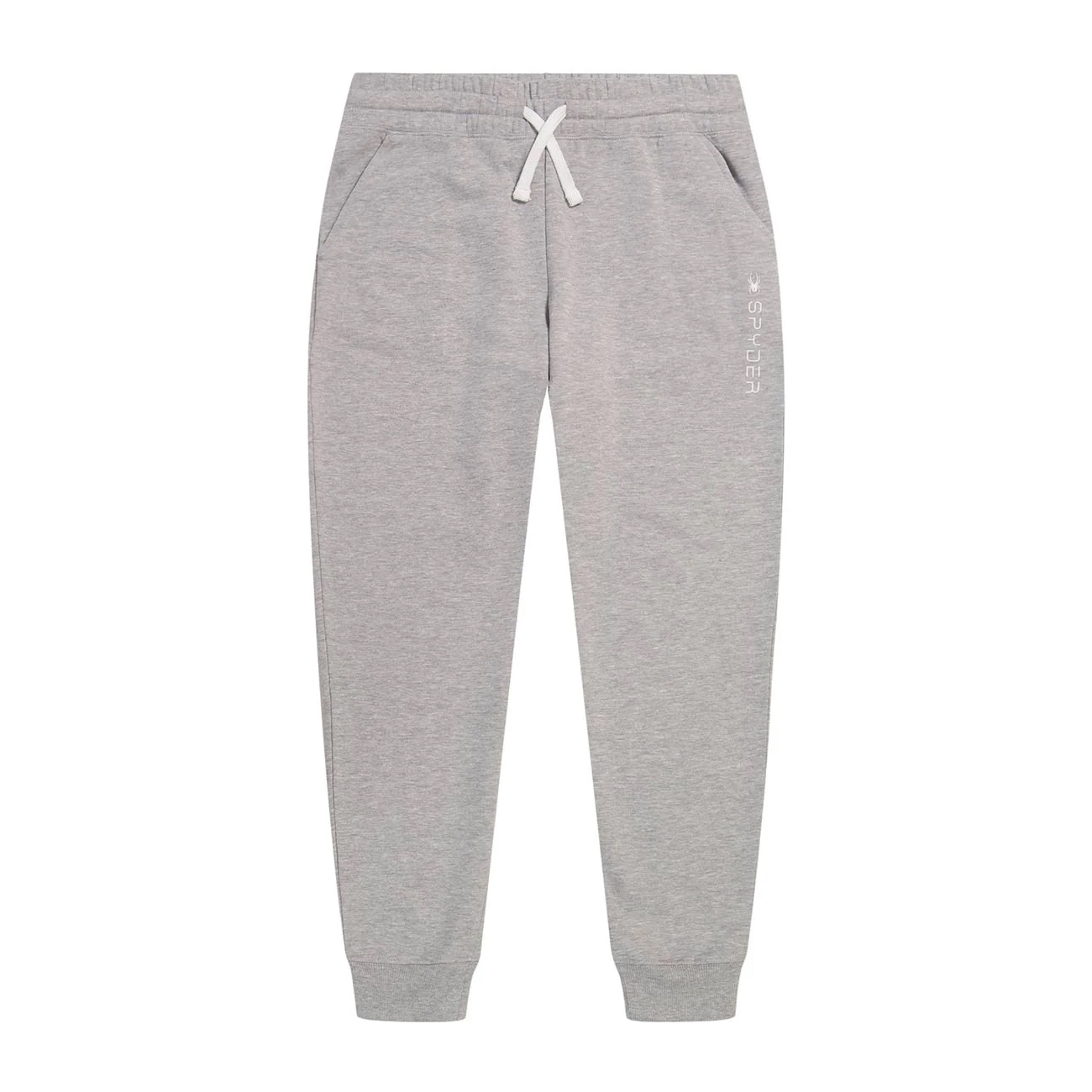 Gray jogger-style sweatpants with a drawstring waist and cuffed ankles, featuring a subtle logo on the left leg.