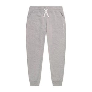 Gray jogger-style sweatpants with a drawstring waist and cuffed ankles, featuring a subtle logo on the left leg.