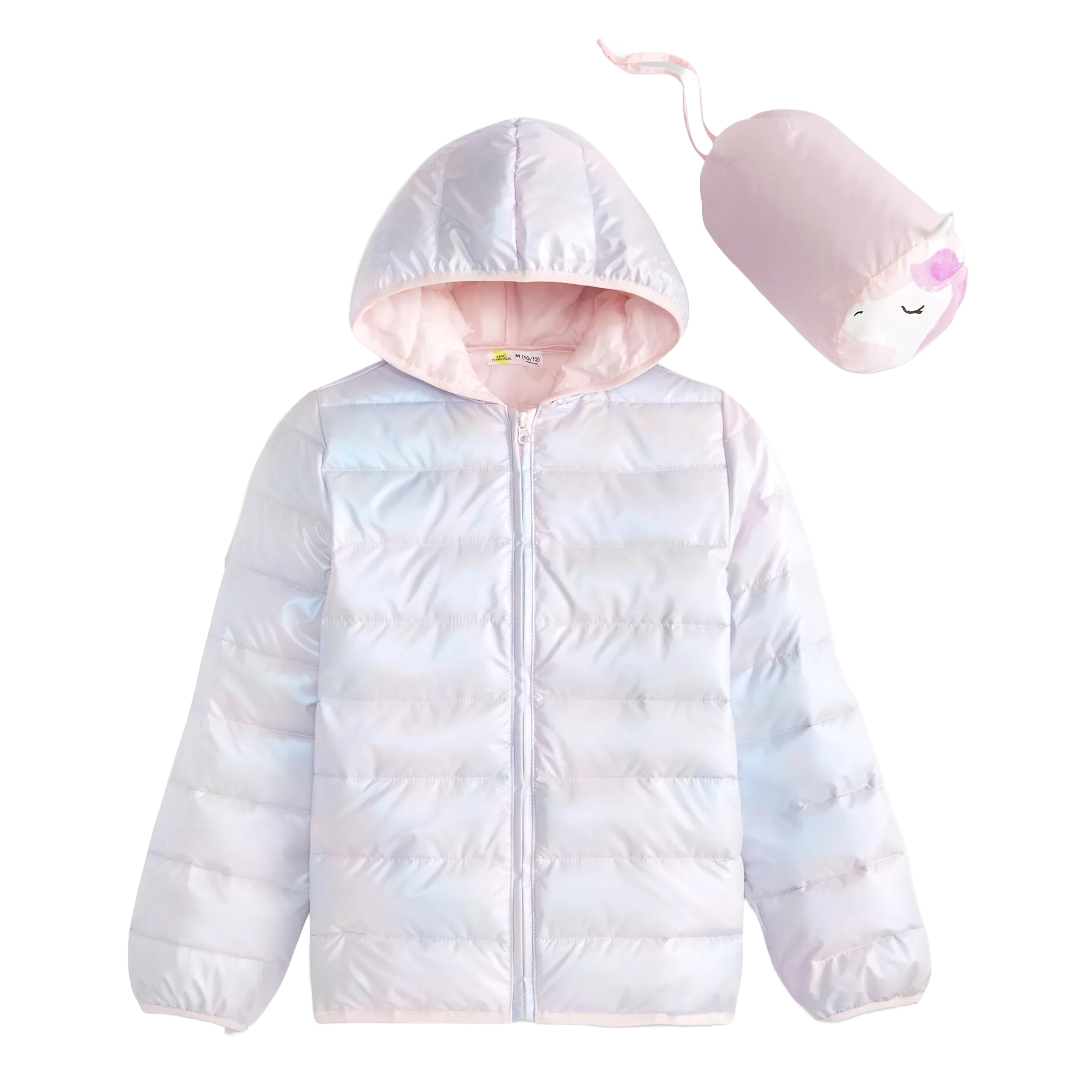 A light pink iridescent puffer jacket with a hood, accompanied by a matching cylindrical carry pouch featuring a cute animal design.