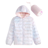A light pink iridescent puffer jacket with a hood, accompanied by a matching cylindrical carry pouch featuring a cute animal design.