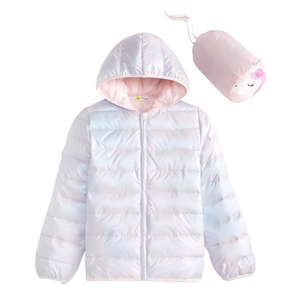 A light pink iridescent puffer jacket with a hood, accompanied by a matching cylindrical carry pouch featuring a cute animal design.