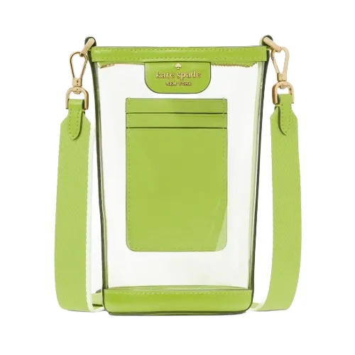 A clear handbag with lime green accents featuring an adjustable strap and a small front pocket.