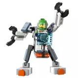 LEGO set featuring a posable robot with a minifigure in a green helmet, mechanical arms, and blocky legs. Attached are various printed pieces, including a data panel and tool arm.