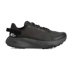A black sneaker featuring The North Face branding, with a rugged design, reinforced toe, and sturdy sole marked with \“300\“ for potential cushioning or traction specification.