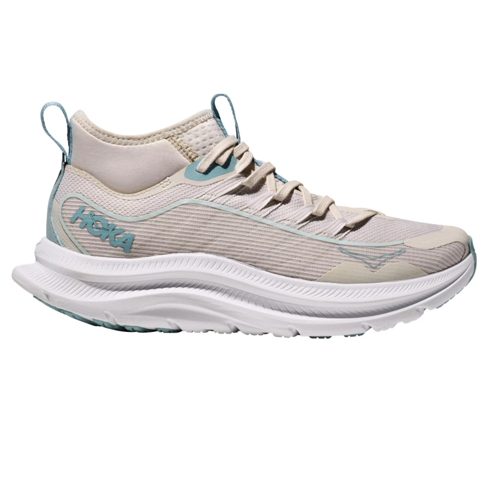 Hoka sneaker with a high-cut design, featuring a beige and teal color scheme, and a cushioned white sole.