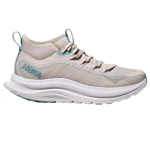 Hoka sneaker with a high-cut design, featuring a beige and teal color scheme, and a cushioned white sole.