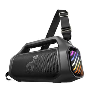 Portable Bluetooth speaker with a carrying handle and strap, featuring a sleek design and multi-color LED lights.