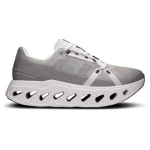 Running shoe with a unique cushioned sole featuring large cutouts and a minimalist design. Gray upper with white laces and accents.