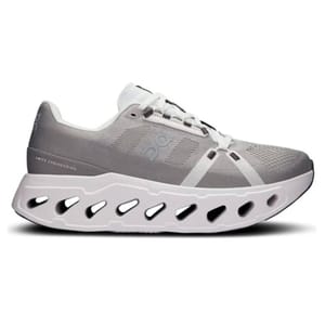 Running shoe with a unique cushioned sole featuring large cutouts and a minimalist design. Gray upper with white laces and accents.