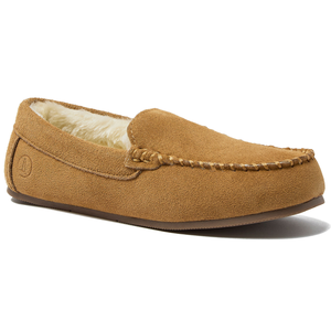 Lands' End moccasins are tan suede slippers with faux fur lining, featuring a stitched moc toe and rubber sole for indoor and outdoor use.