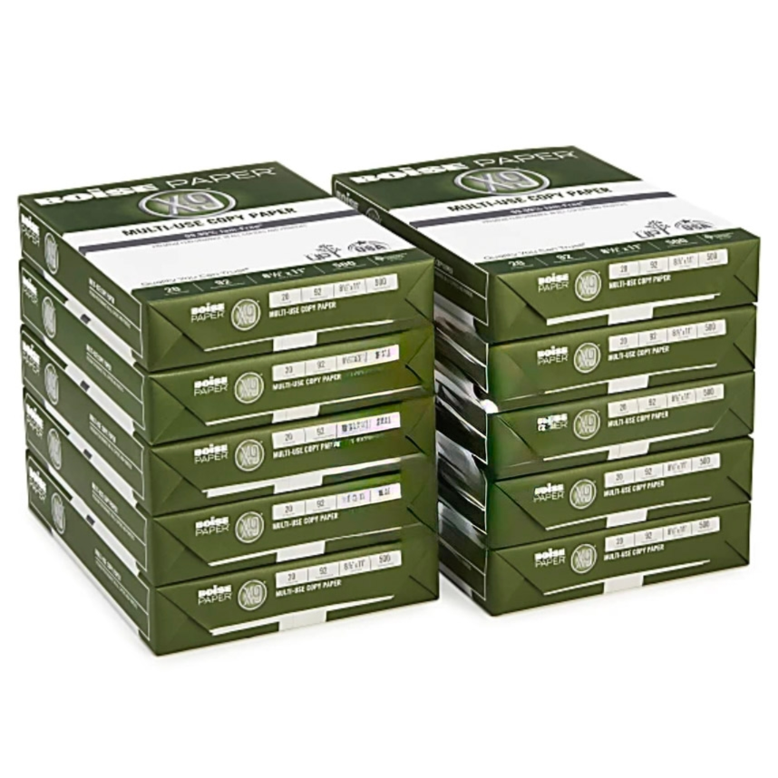 Boxes of Boise X-9 multi-use copy paper, 8.5\“ x 11\“, 20 lb., 92 brightness, 500 sheets per ream.