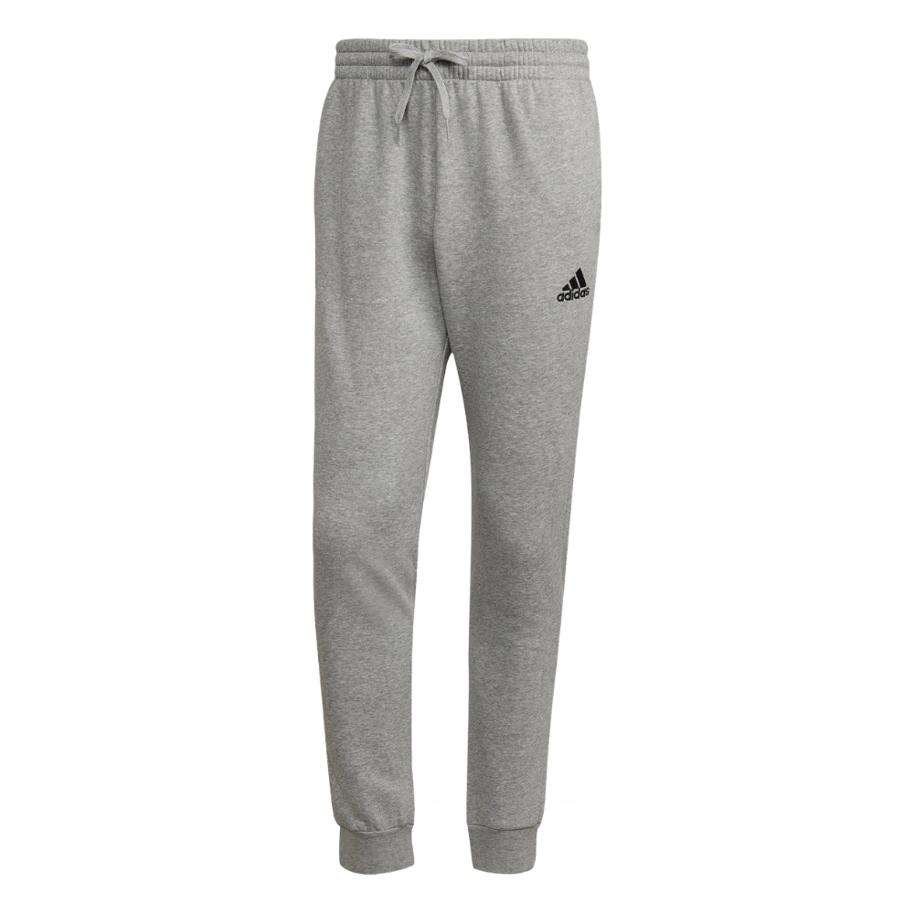 Gray Adidas sweatpants with a drawstring waistband and cuffed ankles, featuring the Adidas logo on the left thigh.