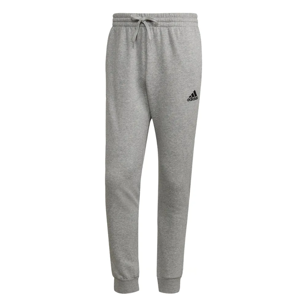 Gray Adidas sweatpants with a drawstring waistband and cuffed ankles, featuring the Adidas logo on the left thigh.