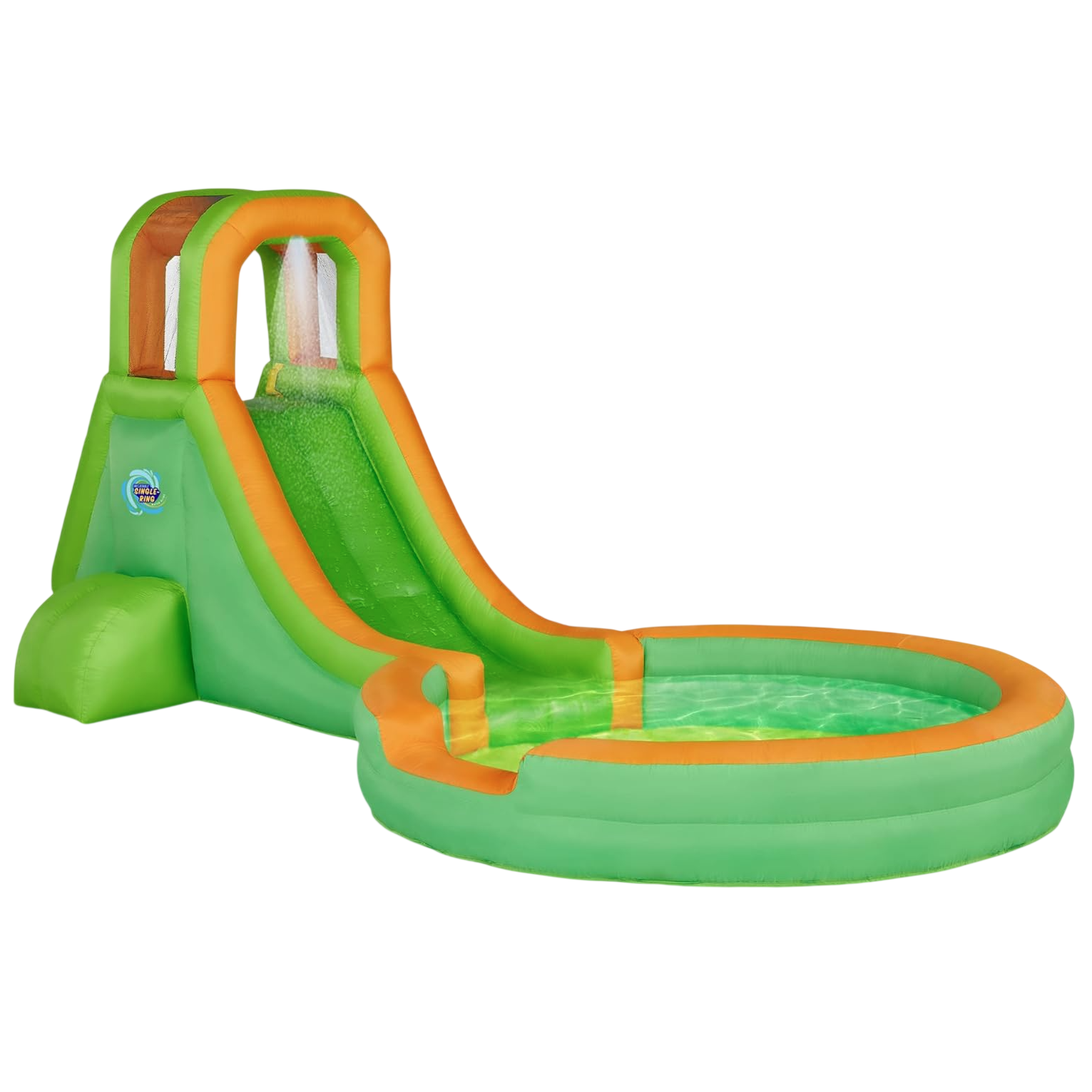 An inflatable water slide and pool combination featuring a green and orange design with a small climbing area and a splash pool at the bottom.